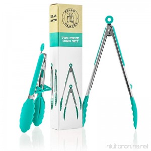 Premium Silicone Kitchen Tongs 2-Pack (9-Inch & 12-Inch) with Built in Counter Stands in Teal by Polar Pantry - B01E5APHYO